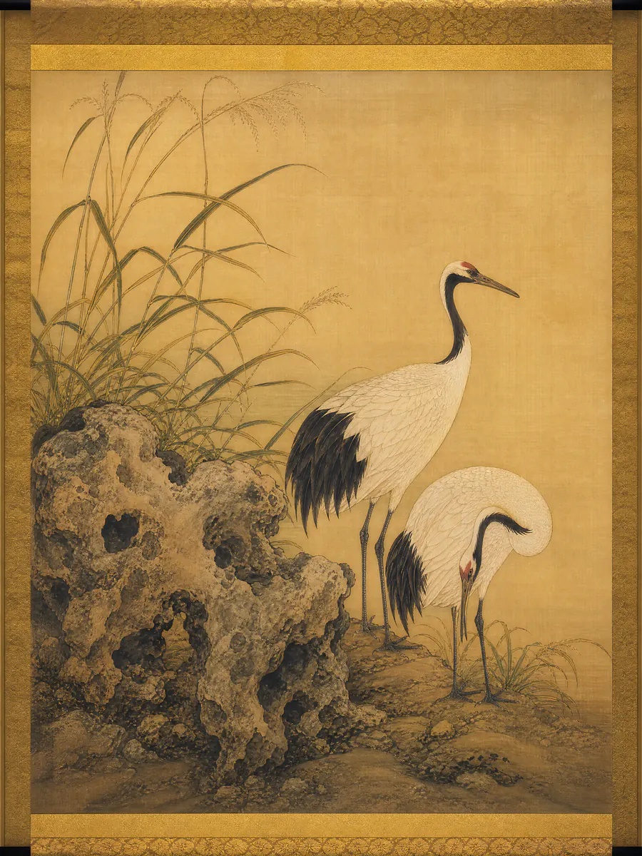 Fine-line painting AI image of cranes among reeds