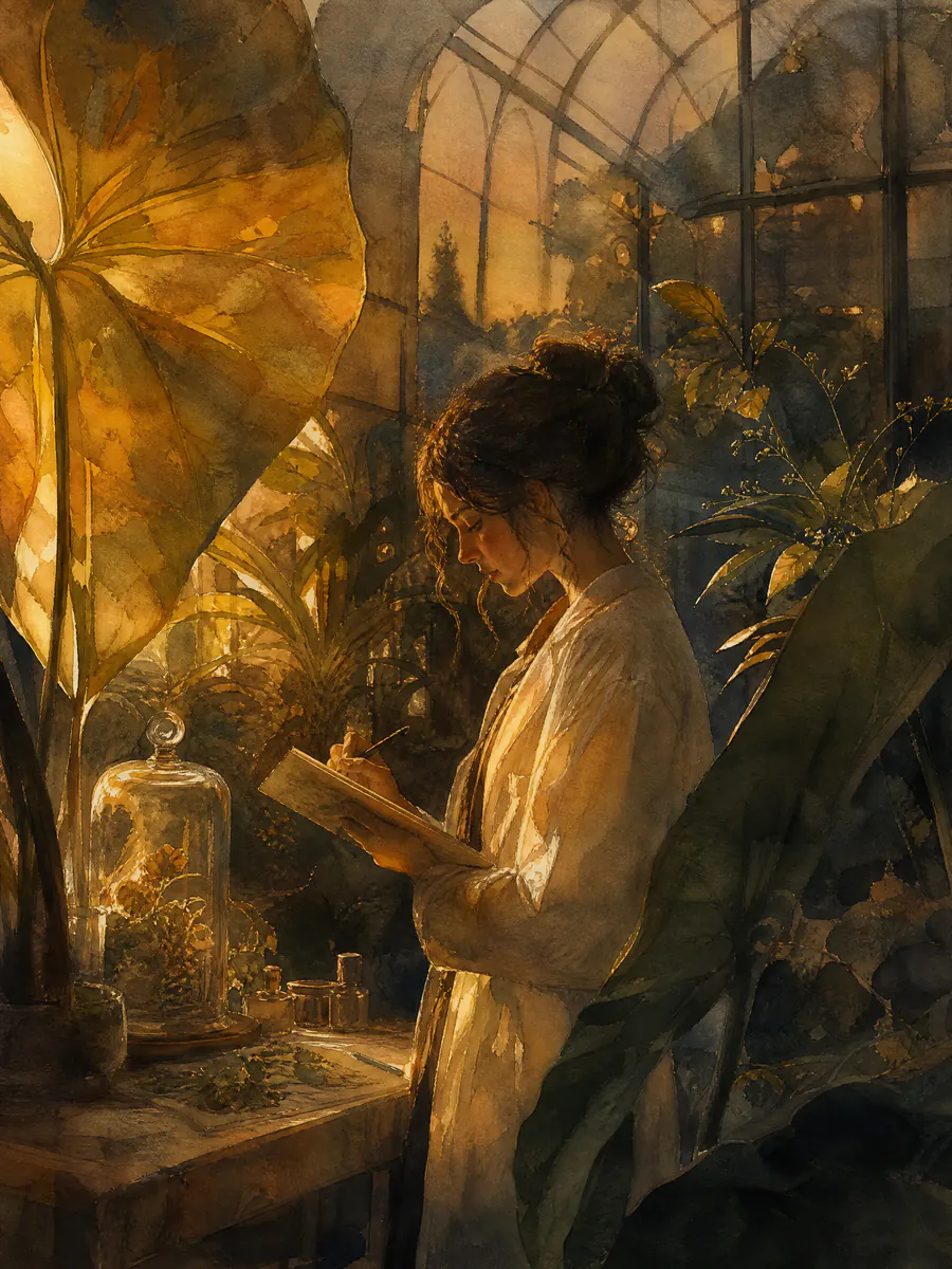 Watercolour AI art of a botanist in a dusk glasshouse